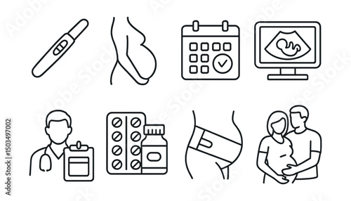Line style icons of pregnancy: positive pregnancy test, baby bump, calendar with due date, ultrasound screen, doctor appointment, vitamins pack, belly support belt, expecting couple.