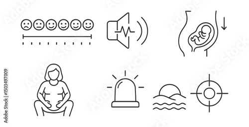 Line style icons of childbirth: pain scale chart, heartbeat speaker, hospital bell, fetal descent icon, pushing position guide, emergency alert lamp, relaxation visual aid, labor focus point.