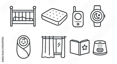 Line style icons of baby care: baby crib, safe mattress, baby monitor, sleep tracker, swaddle blanket, blackout curtains, bedtime storybook, white noise machine.