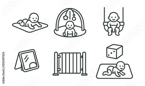 Line style icons of baby care: tummy time mat, play gym, baby swing, soft play block, mirror toy, safe floor space, baby gate, crawling zone.