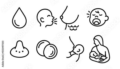 Line style icons of breastfeeding: colostrum drop icon, baby mouth position, milk let-down icon, nursing hunger cue, nipple shield, nursing pad, nursing position diagram, cradle hold.