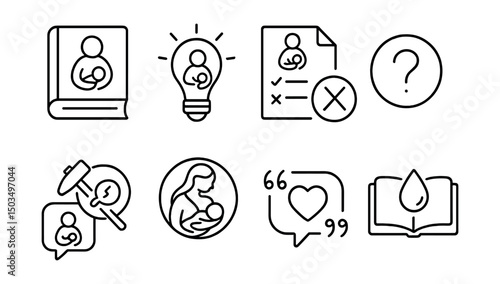 Line style icons of breastfeeding: breastfeeding book, tip icon, dos and don’ts sheet, question mark in circle, myth busting icon, cultural breastfeeding symbol, supportive quote icon, milk drop in