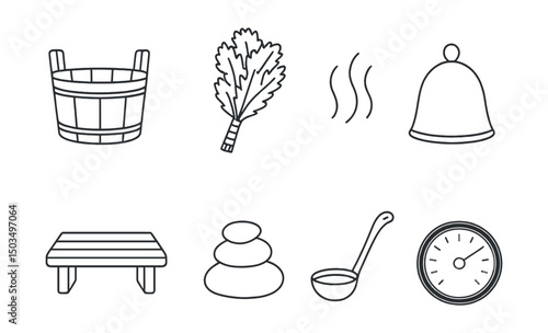 Line style icons of bathhouse: wooden bucket, birch broom (venik), steam rising icon, sauna hat, wooden bench, hot stones, ladle for water, round thermometer.