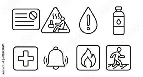 Line style icons of bathhouse: bathhouse rules, safety sign, hydration alert, drink bottle, first aid icon, emergency bell, fire safety notice, non-slip floor icon.