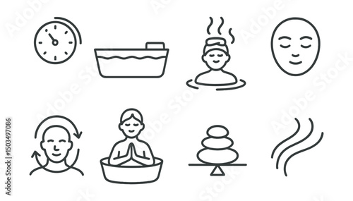 Line style icons of Japanese bath: soak timer icon, resting onsen figure, breath in steam icon, closed eyes face, body rejuvenation symbol, bath meditation, balance icon, health flow lines.