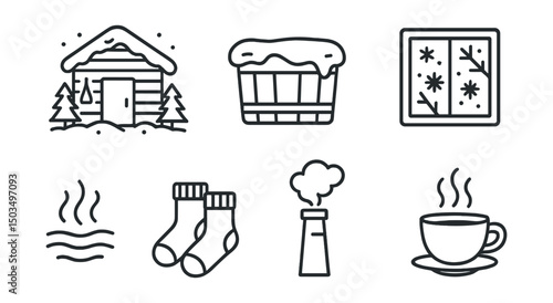 Line style icons of bathhouse: winter bathhouse scene, snow on roof, cold water tub, frosty window, steam rising outdoors, chimney smoke, wool socks icon, hot tea steam.