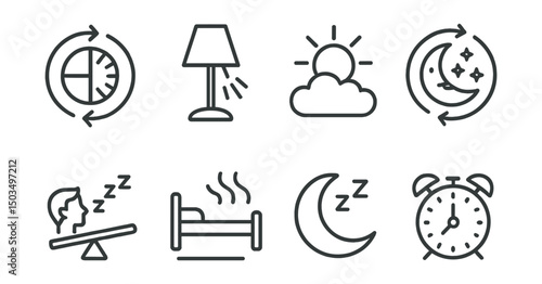 Line style icons of healthy sleep: circadian rhythm icon, light exposure management, morning sunlight icon, day-night cycle, sleep-wake balance, evening wind-down phase, melatonin moon, biological
