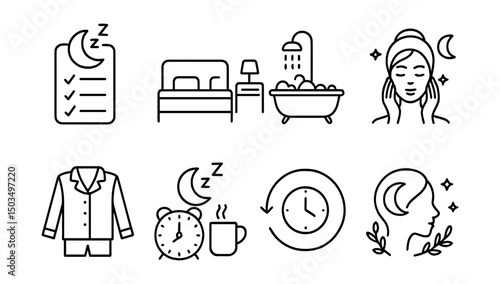 Line style icons of healthy sleep: sleep preparation checklist, tidy room icon, bath before sleep, skin care at night, soft pajamas, bedtime ritual icon, consistent routine, calming transition.