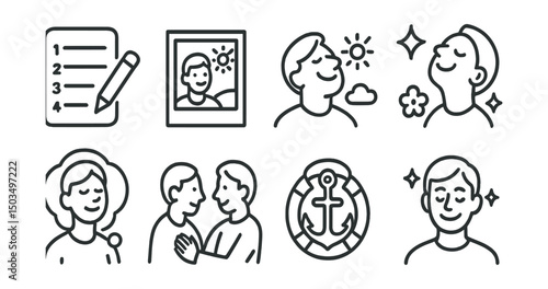 Line style icons of emotional recovery: gratitude list, memory of joy icon, smiling at sky, small joy symbols, warm memory bubble, kindness moment, emotional anchor, joy recollection spark.