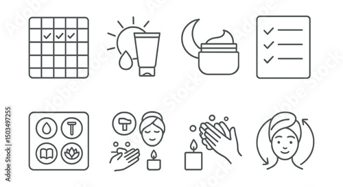 Line style icons of body care: daily routine chart, morning care symbol, evening care plan, checklist with icons, habit tracker, small ritual icons, hygiene reminder, self-care loop.
