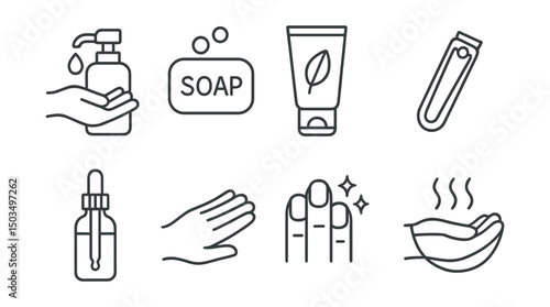 Line style icons of body care: hand wash icon, gentle soap bar, soft hand cream, nail clipper, cuticle oil bottle, palm rest icon, clean nails symbol, warm water icon.