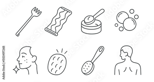 Line style icons of body care: back scratcher, flexible wash band, body cream scoop, foam bubbles icon, clean skin star, soft texture icon, reach and wash tool, lotion on shoulders.