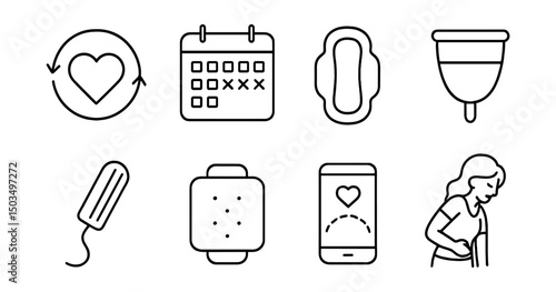 Line style icons of women’s health: menstrual cycle icon, period calendar, sanitary pad, menstrual cup, tampon icon, heat pack, cycle tracking app, cramp relief pose.