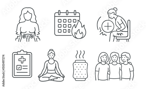 Line style icons of women’s health: endometriosis pain map, flare-up calendar, inflammation icon, pelvic pain scale, treatment plan icon, gentle yoga for pain, warm therapy pack, community support.