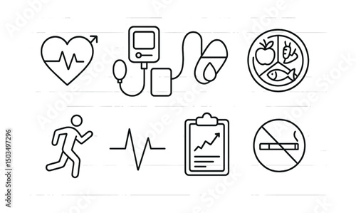 Line style icons of men’s health: heart health icon, blood pressure cuff, cholesterol pill, healthy plate icon, cardio activity symbol, heartbeat line, fitness test chart, smoking risk symbol.