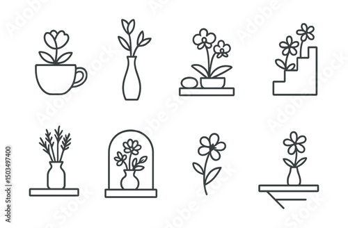 Line style icons of floral decor for interior: flower in ceramic cup, narrow hallway vase, zen corner with orchid, stairway florals, shelf with dried flowers, wall niche bouquet, relaxed bloom icon,