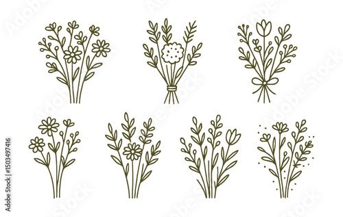 Line style icons of floristry: wildflower mix, dried bouquet icon, rustic style icon, tied with twine, loose garden stems, foraged look, meadow arrangement, earthy tones.