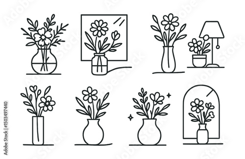 Line style icons of floral decor for interior: seasonal room bouquet, morning light florals, sunset tone bouquet, hygge flower corner, neutral space flower, slow living bloom, floral ambiance icon,