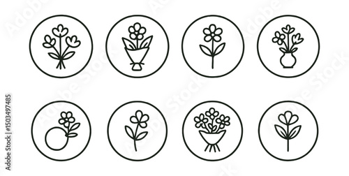 Line style icons of mini and mono bouquets: minimalist flower bunch, tiny bouquet for guests, favor-sized flower, wedding table mini bouquet, corsage bouquet ring, boutonniere with single stem, mini