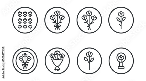 Line style icons of mini and mono bouquets: mono bouquet grid layout, circular bouquet logo, product category icon for mono, mini bouquet catalog badge, one-style floral seal, bouquet packaging round