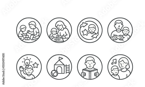 Line style icons of family and parenting: play with blocks icon, drawing together ring, toy rotation chart, shared game symbol, child creativity badge, indoor play zone, reading time icon, music with