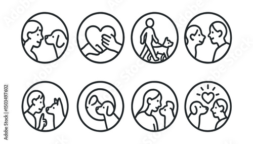 Line style icons of pets at home: pet and human connection, mutual care heart, shared walk icon, playful gaze moment, understanding signals symbol, soft communication ring, daily joy tracker, bond