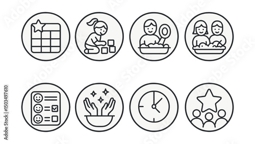 Line style icons of family and parenting: household chore chart, clean up game icon, laundry helper badge, dish together symbol, family task board, tidy up ring, rhythm of responsibility,