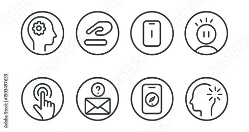 Line style icons of digital minimalism: digital values reflection icon, intention before tap badge, mindful app use ring, pause and scroll awareness, conscious click icon, question before open, inner