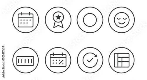 Line style icons of digital minimalism: minimalist digital calendar, only key events badge, blank space ring, low-stress layout icon, week at a glance symbol, no-overbooked day, intentional planning