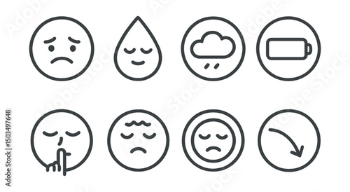 Line style icons of emotions and moods: sad face in circle, tear with calm expression, cloudy mood icon, low energy symbol, quiet grief badge, soft vulnerability ring, blue feeling symbol, emotional