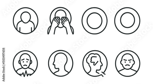 Line style icons of emotions and moods: shame face icon, head down symbol, avoiding eye contact badge, dark circle mood, withdrawal ring, body tension icon, regret pulse, internal judgment symbol.