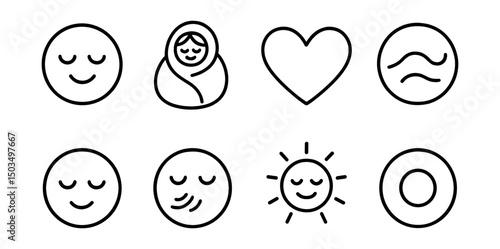 Line style icons of emotions and moods: contentment face icon, cozy blanket badge, full heart symbol, slow joy ring, relaxed presence circle, fulfilled breath, mellow glow, present state icon.