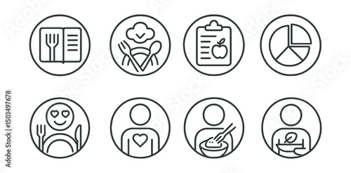 Line style icons of food and drinks: food journal page, meal reflection icon, daily nutrition log, macro chart badge, food mood tracker, eating awareness symbol, intuitive eating guide, mindful bite