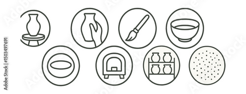 Line style icons of hobbies and creativity: pottery wheel icon, clay vase form, sculpting hand symbol, ceramic glaze brush, handmade bowl ring, kiln icon, drying rack for pots, earthy material