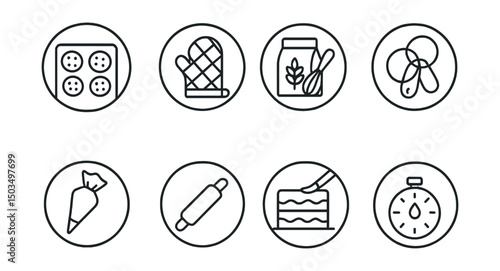 Line style icons of hobbies and creativity: baking tray with cookies, oven mitt icon, flour and whisk badge, measuring cups ring, piping bag symbol, rolling pin circle, layered cake in process,