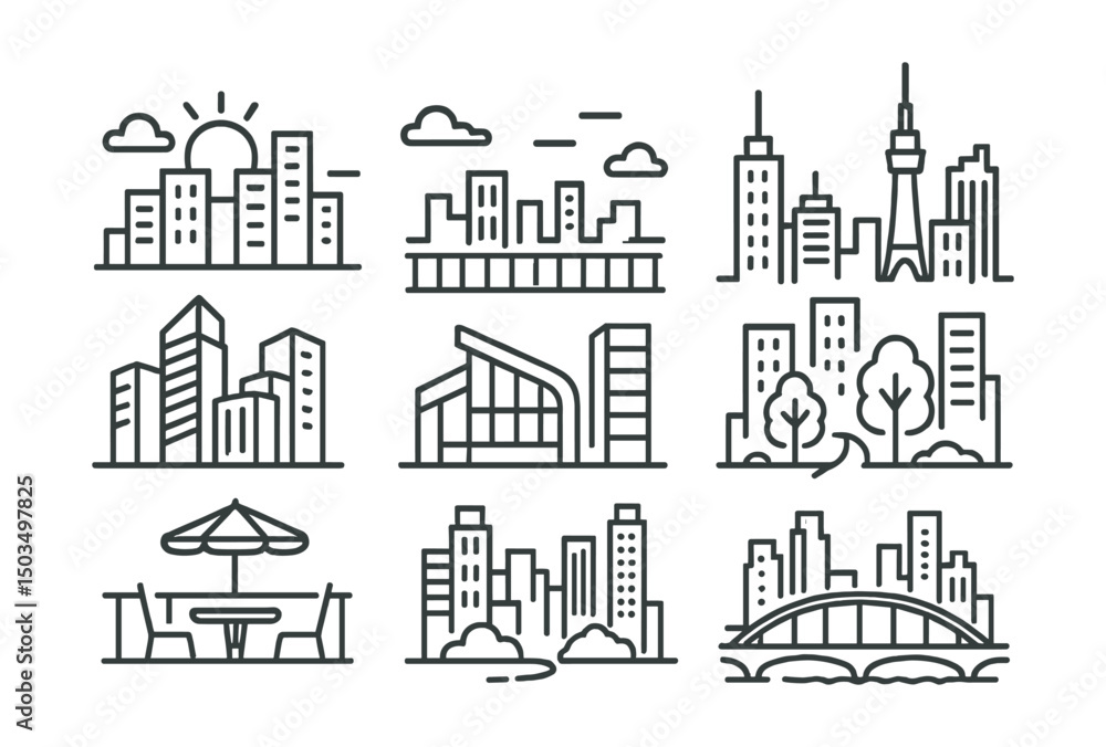 Fototapeta premium Line style icons of urban life: skyline with sunset, city view from rooftop, skyline with tower icon, skyscraper cluster, modern architecture icon, city park between buildings, rooftop terrace,