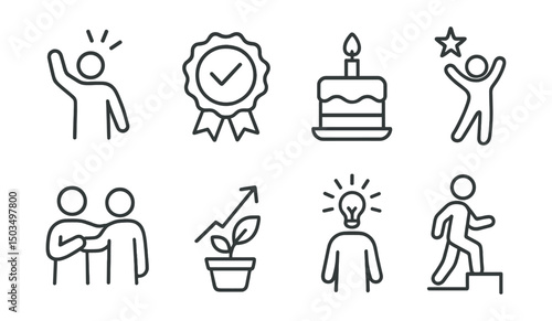 Line style icons of motivation and inspiration: celebrate progress icon, small win badge, milestone cake symbol, reward moment icon, reflection and cheer, token of growth, light of effort, proud step