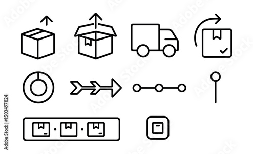 Line style icons of logistics and delivery: delivery status icons (ordered, shipped, in transit, out for delivery, delivered), status ring chart, delivery stages arrow, progress icon, package tracker