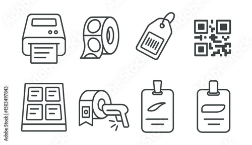 Line style icons of packaging and branding: label printer icon, round sticker roll, adhesive tag with barcode, QR code for product, printed label sheet, branded tape with logo, product scan tag,