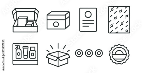 Line style icons of packaging and branding: subscription box layout, monthly box icon, contents card with logo, branded filler paper, curated item spread, reveal moment symbol, repeat branding style,