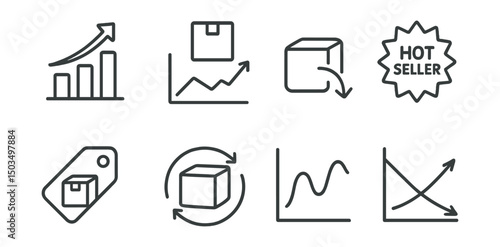 Line style icons of inventory management: stock performance chart, item velocity graph, slow-moving item icon, hot seller badge, top stock tag, reorder frequency tracker, inventory trend icon, supply