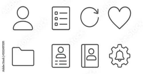 Line style icons of online marketplace: customer account icon, order history list, reorder button, saved items folder, wishlist heart icon, personal info form, address book, subscription settings.