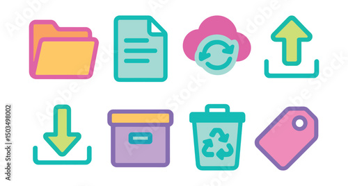Two-Color vector icons of file management: folder icon, file document, cloud sync, upload arrow, download icon, archive box, recycle bin, tag label.