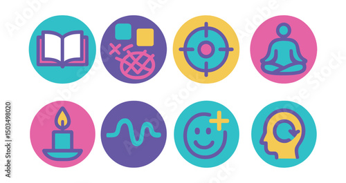 Two-Color vector icons of mental clarity in circular design: open book, declutter icon, focus target, meditation figure, candle flame, breathing wave, positive quote, mind reset.