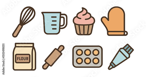 Outline with Fill icon set for baking moments: whisk, measuring cup, cupcake, oven mitt, bag of flour, rolling pin, baking tray, frosting tube.