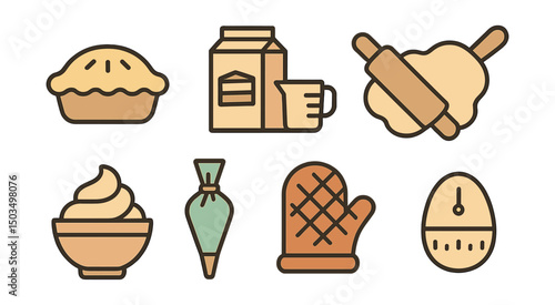 Outline with Fill style icons of hobby baking joy: pie, cake mix, measuring jug, dough roll, frosting, piping bag, oven mitt, timer.