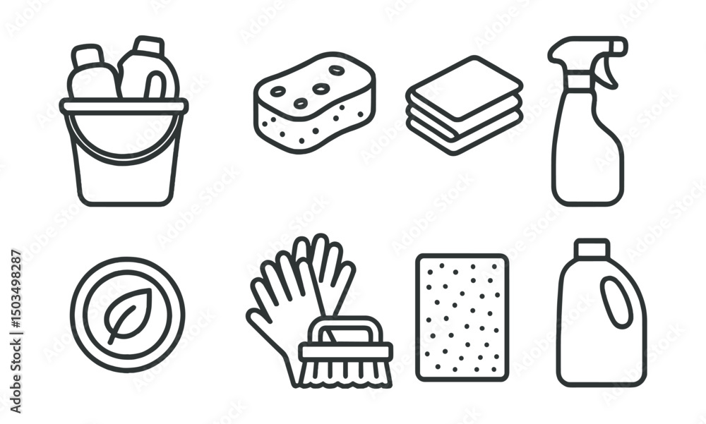 Line style icons of cleaning supplies: bucket with products, sponge icon, cloth stack, spray bottle, eco cleaner badge, gloves and brush, scrub pad, refill bottle. Line style icons of cleaning supplies: bucket with products, sponge icon, cloth stack, spray bottle, eco cleaner badge, gloves and brush, scrub pad, refill bottle.