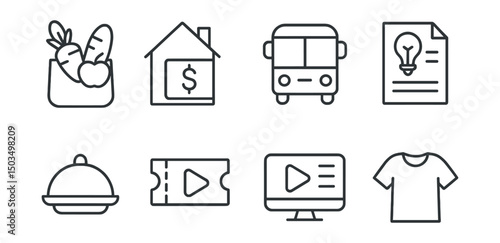 Line style icons of expense categories: groceries icon, rent payment, transportation fare, utility bills, dining out, entertainment cost, subscription fees, clothing purchase.