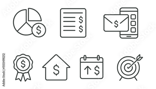 Line style icons of budgeting methods: 50/30/20 rule icon, zero-based budgeting sheet, envelope system, digital budget buckets, pay-yourself-first badge, minimalist budgeting icon, expense planning