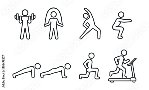 Line style icons of fitness routines: dumbbell lift, jump rope, stretching pose, squats icon, plank position, push-up symbol, lunges, treadmill running.